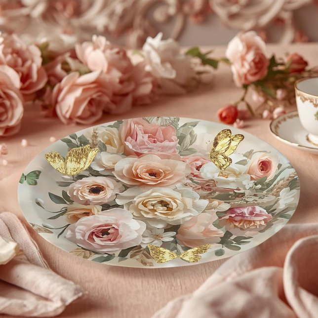 Prato De Papel Blush Garden Roses Galentine Tea Party Florals (Criador carregado)