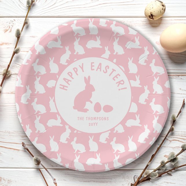 Prato De Papel Blush Pink And White Bunny Pattern Happy Easter (Criador carregado)
