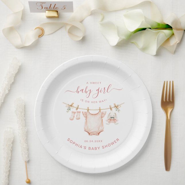 Prato De Papel Blush Pink Clothesline Girl Baby Shower Party (Casamento)