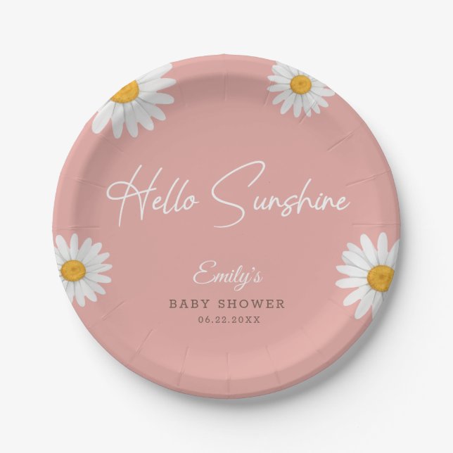 Prato De Papel Blush Pink Daisy Hello Sunshine Baby Shower (Frente)