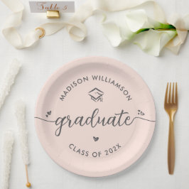 Prato De Papel Blush Pink Graduation Gray Script Hearts Cap Bold