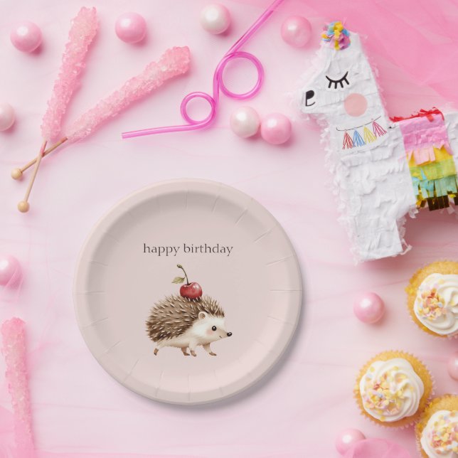 Prato De Papel Blush Pink Red Cherry Adorable Hedgehog Birthday (Festa)