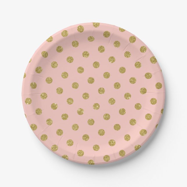 Prato De Papel Blush Rosa Dourado com Bolinhas de Brilho  (Frente)
