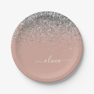 Prato De Papel Blush Rosa Dourado Prateado Glitter Monograma