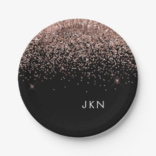 Prato De Papel Blush Rosa Dourado Rosa Preto Glitter Monograma