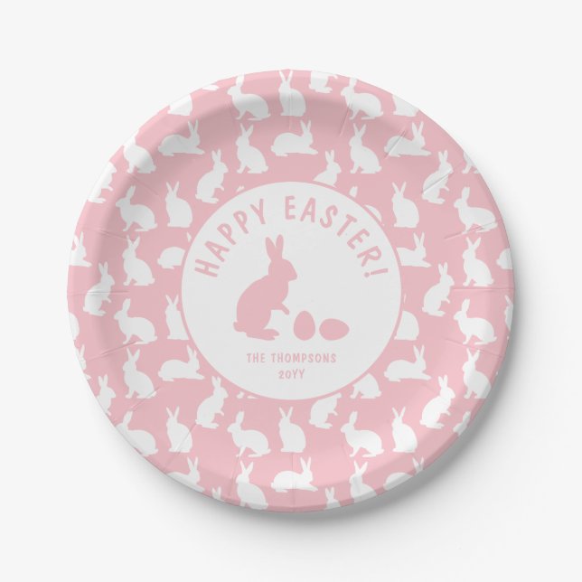 Prato De Papel Blush Rosa e Branco Padrão Coelho Feliz Páscoa (Frente)