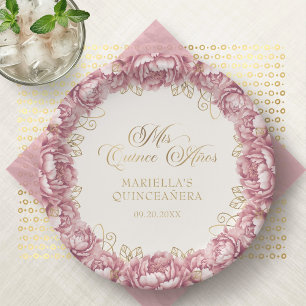 Prato De Papel Blush Rosa Floral Quinceanera