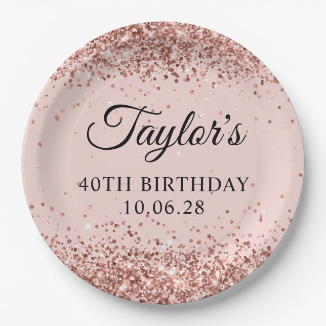 Prato De Papel Blush Rosa Glitter para 40º Aniversário (Frente)