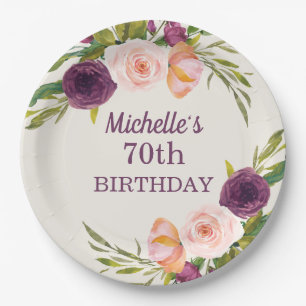 Prato De Papel Blush Roxo Rosa Floral Creme Aniversário de 70 ano