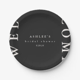 Prato De Papel Boas-vindas à Tipografia Preto e Taupe para Chá de