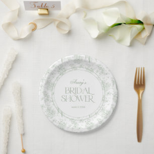Prato De Papel Boas-vindas ao Chuveiro Floral Vintage Toile Verde