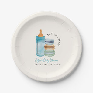 Prato De Papel Boas-vindas Bebê Azul Macarons & Menino Leite Fest