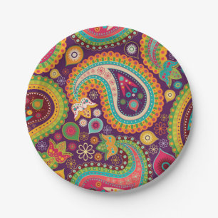 Prato De Papel Bohemian bonito colorido retro Paisley de Boho