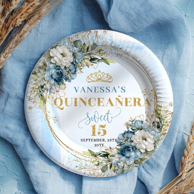 Prato De Papel Bohemian Dusty Blue Floral Gold Quince Plates (Bohemian Dusty Blue Floral Gold Quince Plates)