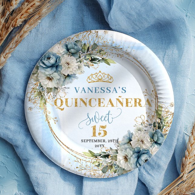 Prato De Papel Bohemian Dusty Blue Greenery Gold Quinceañera   (Bohemian Dusty Blue Greenery Gold Quinceañera Plates)