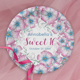 Prato De Papel Bohemian Pastel Floral Cor-de-Rosa Azul Sweet 16