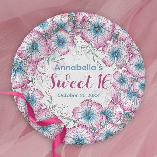 Prato De Papel Bohemian Pastel Floral Cor-de-Rosa Azul Sweet 16