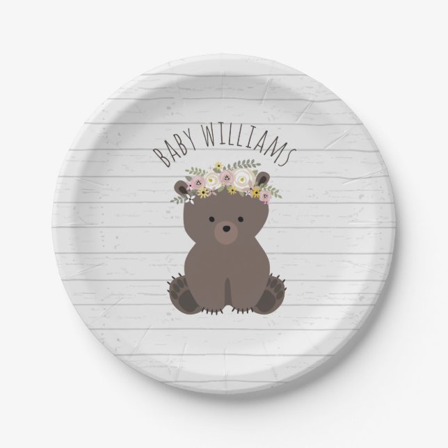 Prato De Papel Boho Bear Wood Inspirou Chá de fraldas Personaliza (Frente)