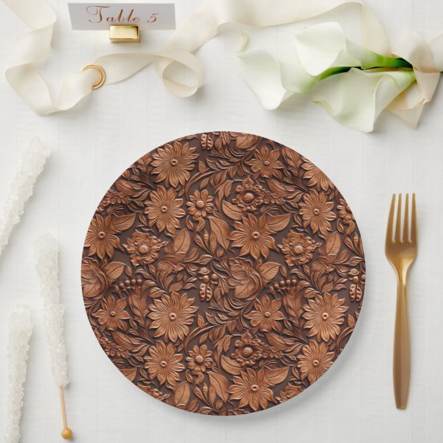Prato De Papel Boho Brown Faux Leather Floral Casamento (Casamento)