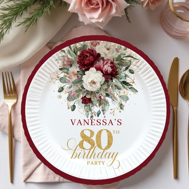 Prato de Papel Boho Burgundy Eucalipto 80º Anivers (Boho Burgundy Eucalyptus 80th Birthday Paper Plates)