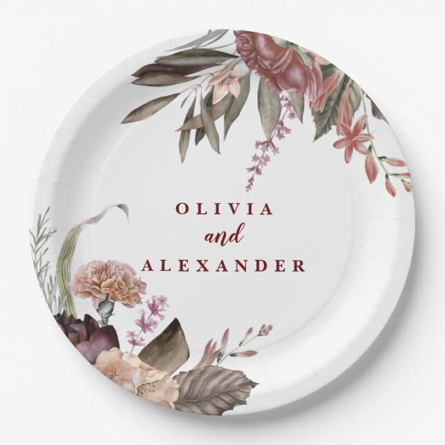 Prato De Papel Boho Burgundy Rosas caem no casamento floral (Frente)