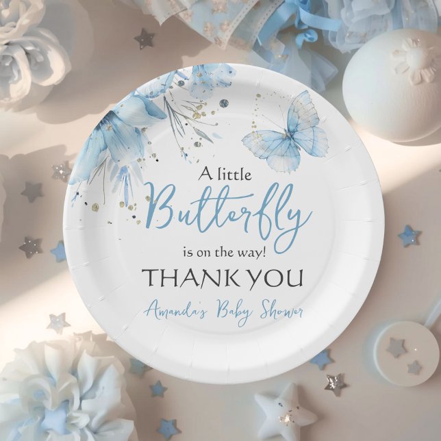 Prato De Papel Boho Butterfly Floral Blue Boy Baby Shower (Criador carregado)