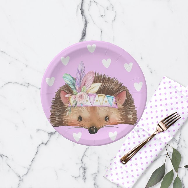 Prato De Papel Boho Chic Hedgehog Rosa Adorável (Criador carregado)