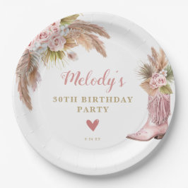 Prato De Papel Boho Cowgirl Boot Pampas Grass Rosas Aniversário