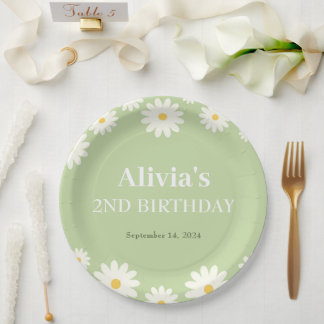 Prato De Papel Boho Daisy Dois segundo aniversário Boêmian Verde