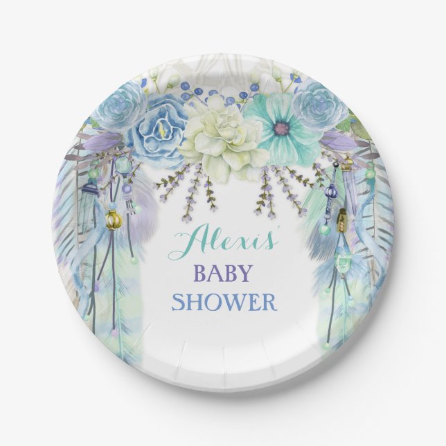 Prato De Papel Boho Drecher Feather Tribal Aqua Blue (Frente)
