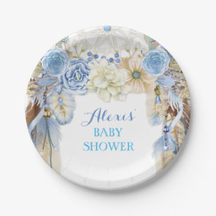 Prato De Papel Boho Drecher Feather Tribal Blue Ivory