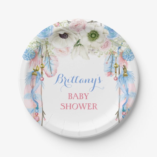 Prato De Papel Boho Drecher Feather Tribal Blue Pink (Frente)