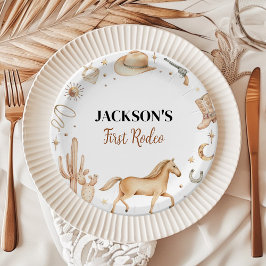 Prato De Papel Boho First Rodeo Birthday Chá de fraldas Placas