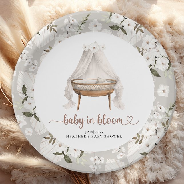 Prato De Papel Boho Floral Chá de fraldas Planta Neutra Bassinet (Baby in bloom paper plates)