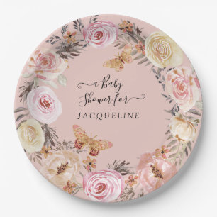 Prato De Papel Boho Floral Dusty Chá de fraldas Moderno Rosa