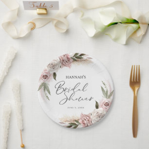 Prato De Papel Boho Floral Grama do Pampas Chuveiro de Noiva Bem-