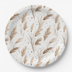 Prato De Papel Boho Grama Pampas Bege Marrom Padrão de Estrela (1