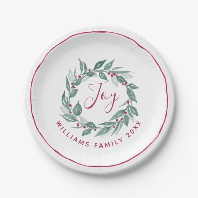 Prato De Papel Boho Greenery Wreath Red Berries Nome Feriado (Frente)