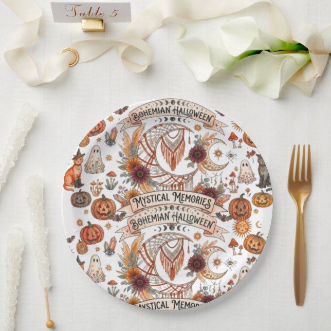 Prato De Papel Boho Halloween Sem Costura Celestial Lua & Pu (Casamento)