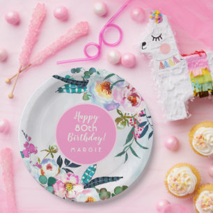 Prato De Papel Boho Happy Birthday para 80 anos Jovem Papelão