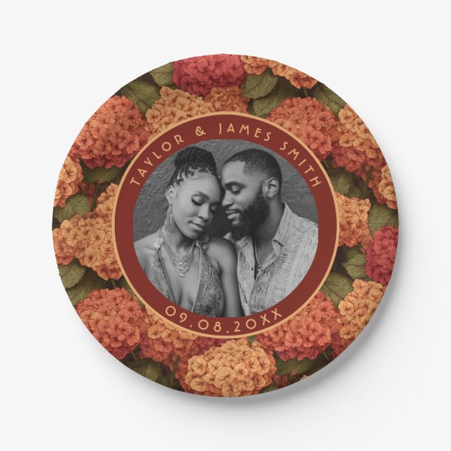 Prato De Papel Boho Hydrangeas Plates Para Casamento Após Festa (Frente)