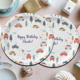 Prato De Papel Boho Kids Cars, Árvores e Nuvens Padrão Aniversári