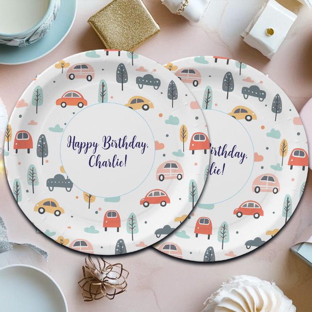 Prato De Papel Boho Kids Cars, Árvores e Nuvens Padrão Aniversári (Criador carregado)