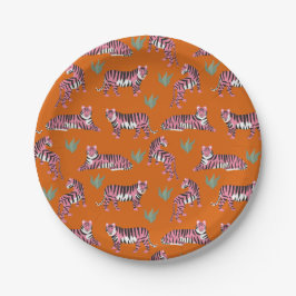 Prato De Papel Boho Laranja Tigres da Selva Rosa