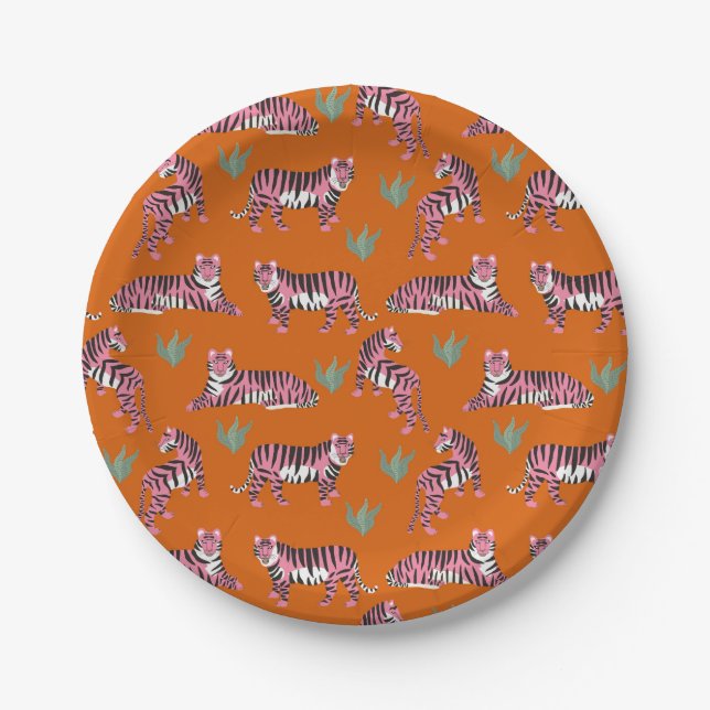 Prato De Papel Boho Laranja Tigres da Selva Rosa (Frente)