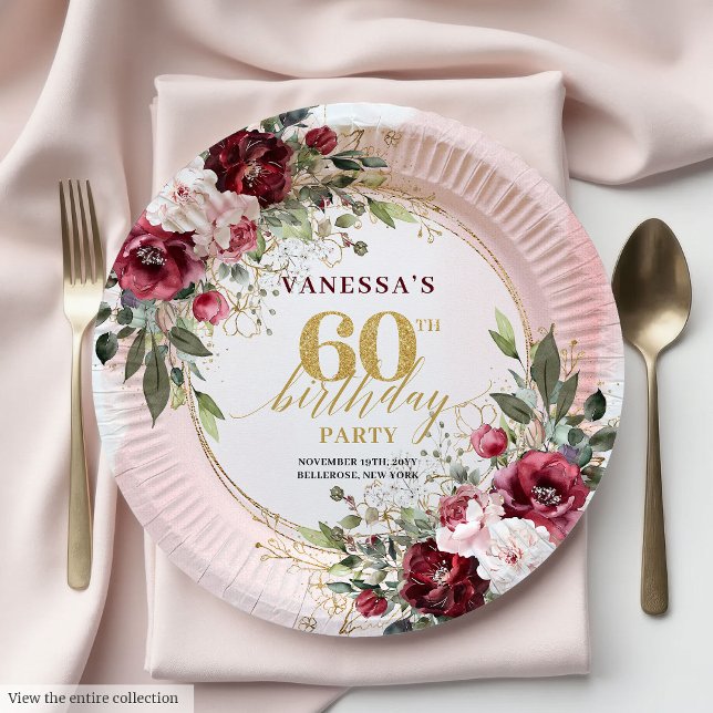 Prato De Papel Boho Moderno Borgonha Folhagem Dourado Aniversário (Modern Boho Burgundy Greenery Gold 60th Birthday Plates)
