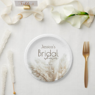 Prato De Papel Boho Neutro Fluffy Grama de Pampas Chá de Bebê de 