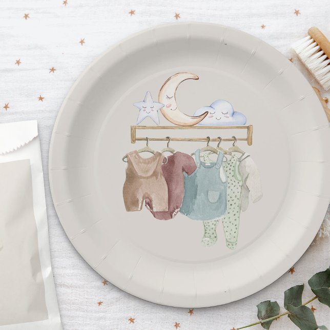 Prato De Papel Boho Nursery Bebê Roupa Sexo Neutro (Baby Clothes paper plates from my Boho Nursery baby shower Collection)