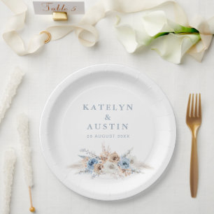 Prato De Papel boho pampas casado azul empoeirado