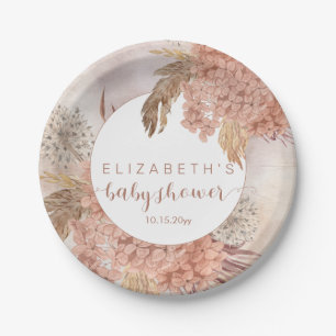 Prato De Papel Boho Pampas Grass   Hydrangeas Girl Chá de fralda